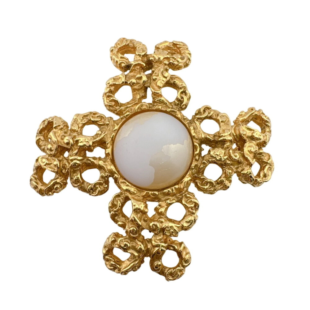 CHANEL 93A Cross Motif Pearl Brooch Gold